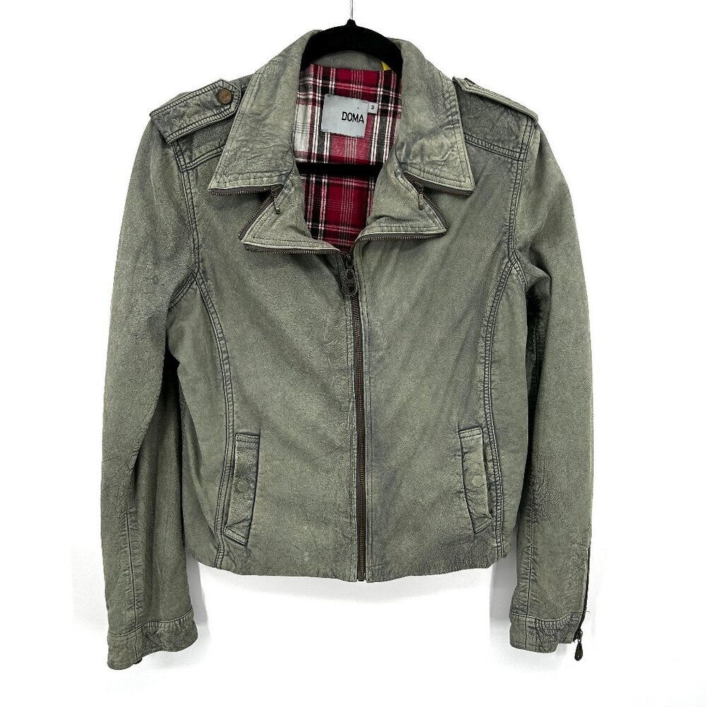 DOMA Women's Sage Green Distressed Leather Full Zip Biker Moto Jacket Size Small